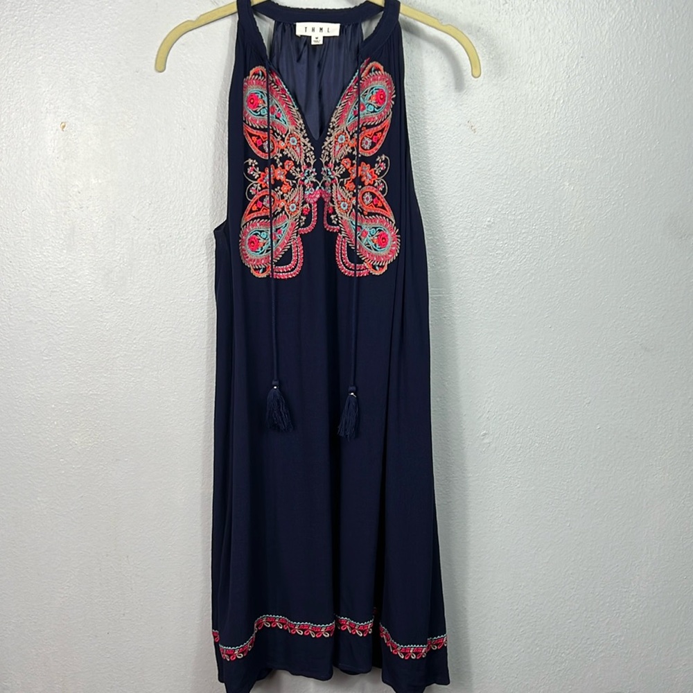 THML Navy Sleeveless Butterfly Embroidered Tassel Mini Dress Medium